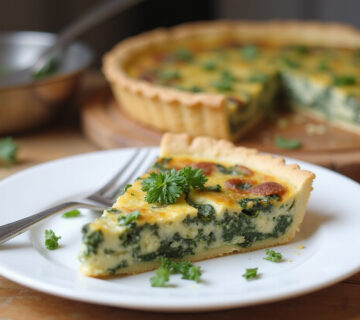 Quiche de espinacas recién horneada servida con hierbas frescas.