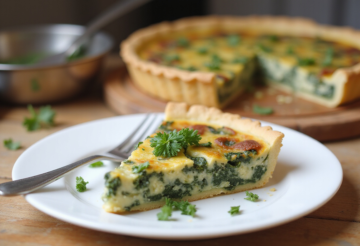 Quiche de espinacas recién horneada servida con hierbas frescas.