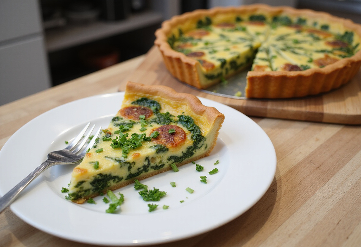 Quiche de espinacas recién horneada servida con hierbas frescas.