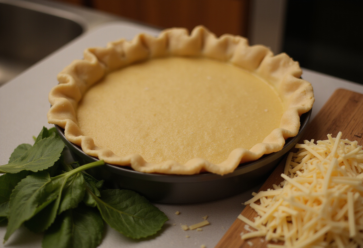 Masa de quiche en molde con espinacas frescas y queso rallado para quiche de espinacas.