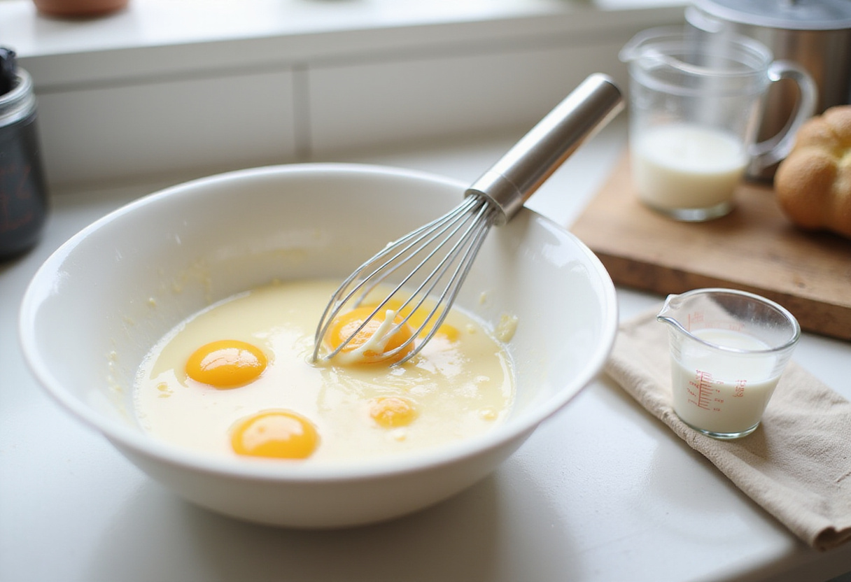 Mezcla de huevos, nata y leche en bol para quiche de espinacas.