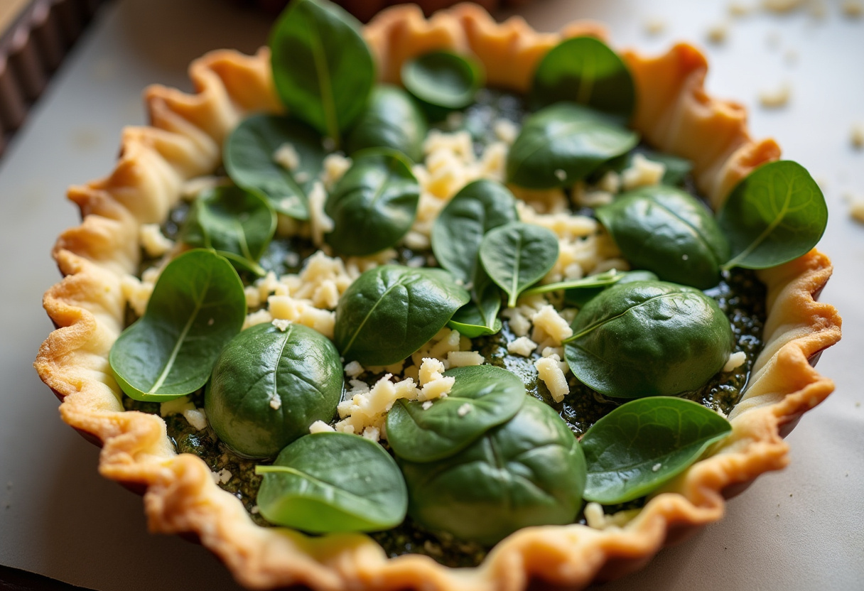 Base de quiche de espinacas con capas de espinacas y queso rallado.