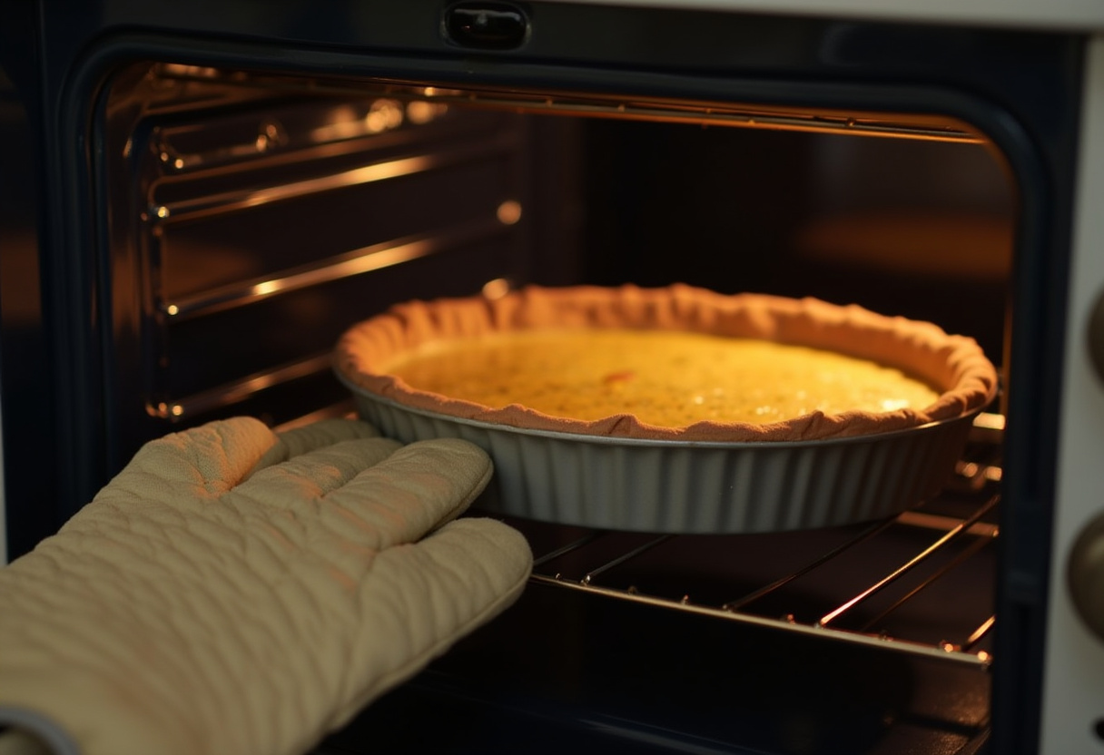 Quiche de espinacas entrando en horno precalentado para horneado.