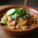 Receta arroz con pollo servido en plato rústico con cilantro fresco y gajos de lima listo para disfrutar