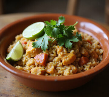 Receta arroz con pollo servido en plato rústico con cilantro fresco y gajos de lima listo para disfrutar
