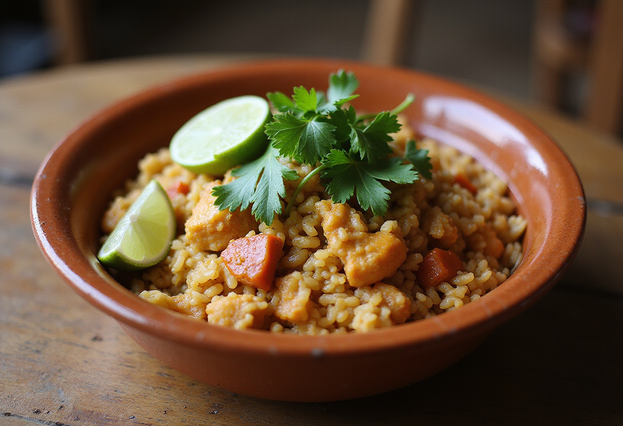 Receta arroz con pollo servido en plato rústico con cilantro fresco y gajos de lima listo para disfrutar