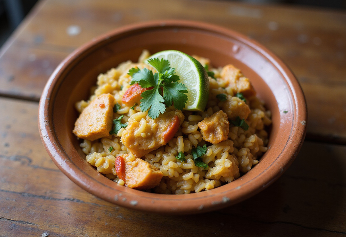 Receta arroz con pollo servido en plato rústico con cilantro fresco y gajos de lima listo para disfrutar