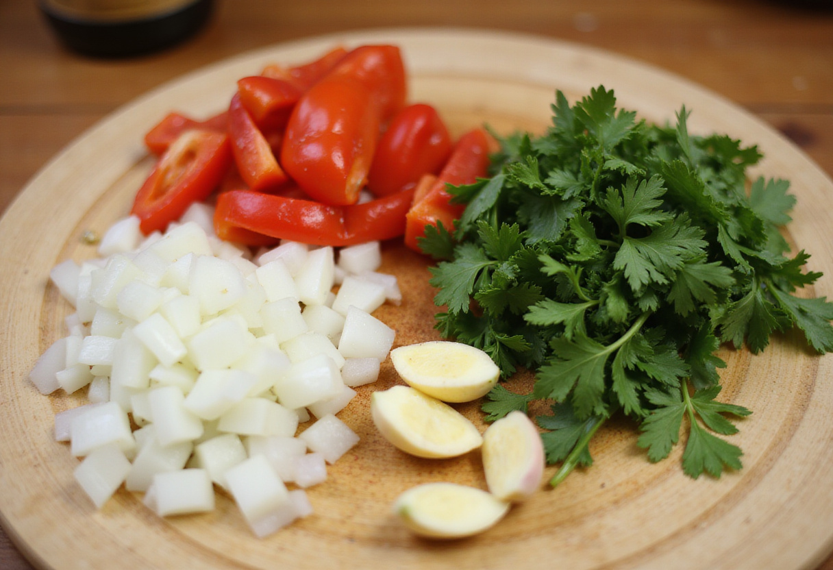 Ingredientes picados para receta arroz con pollo: cebolla, pimiento rojo, ajo y cilantro listos para cocinar