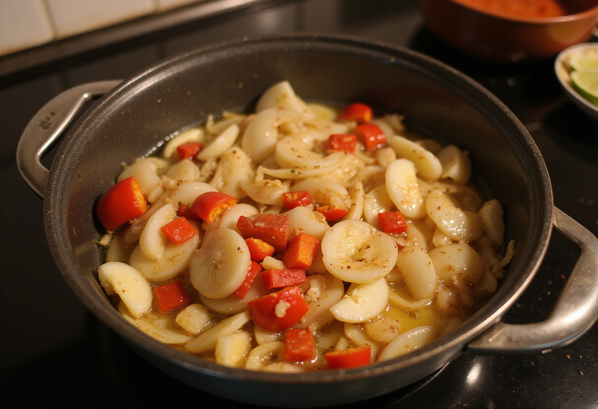 Sofrito de verduras en olla para receta arroz con pollo con cebolla, pimiento rojo y ajo salteándose