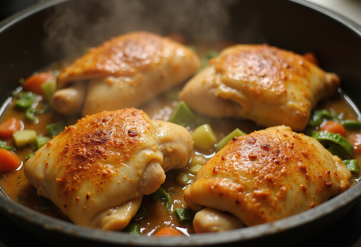 Muslos de pollo dorándose con sofrito de verduras y especias para receta arroz con pollo