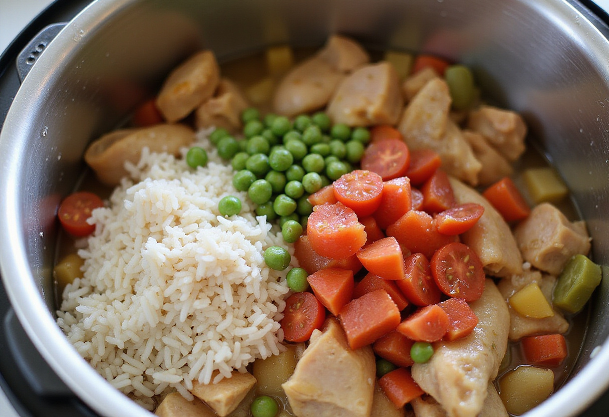 Arroz con pollo en olla con arroz, caldo de pollo, guisantes y tomate listo para cocer en receta arroz con pollo