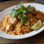 Finished Arroz con Pollo garnished with cilantro, perfect family recipe.