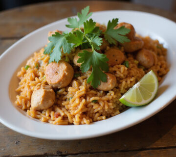 Finished Arroz con Pollo garnished with cilantro, perfect family recipe.