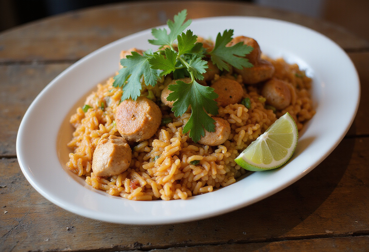 Finished Arroz con Pollo garnished with cilantro, perfect family recipe.