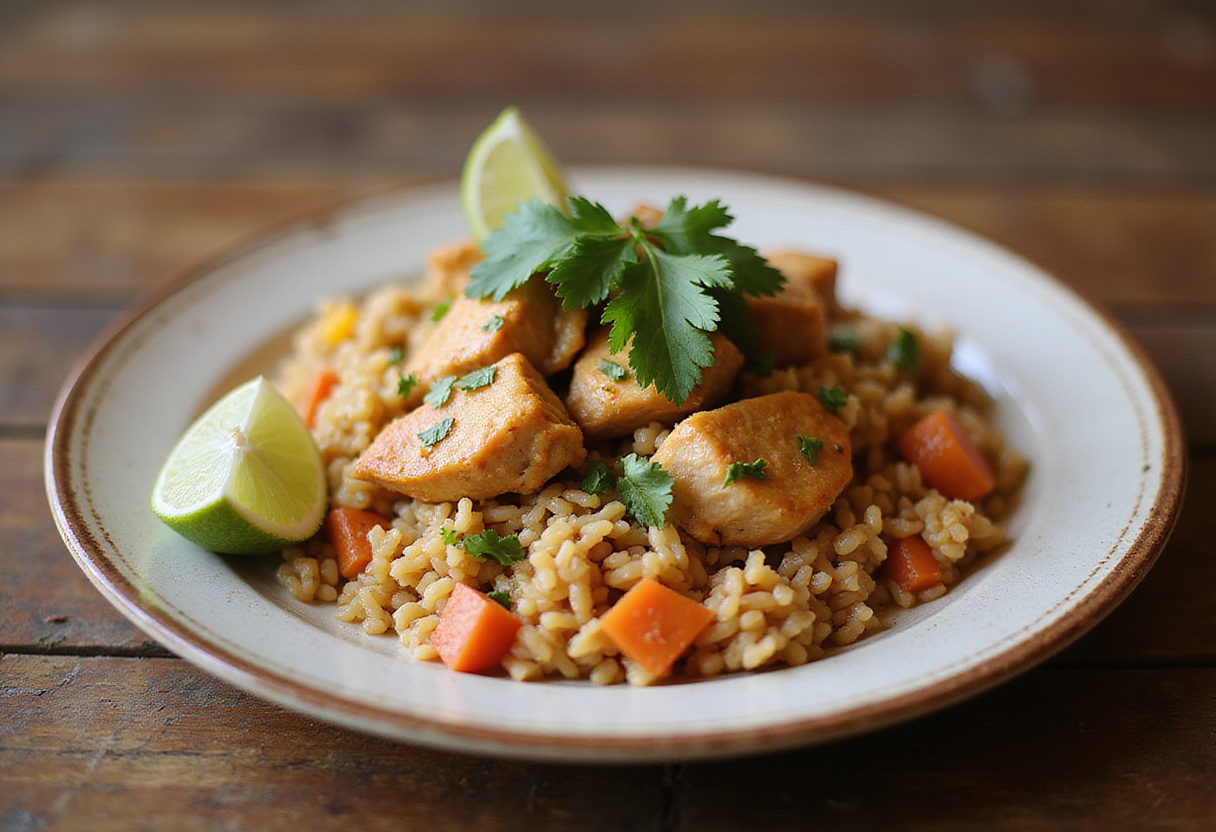Finished Arroz con Pollo garnished with cilantro, perfect family recipe.