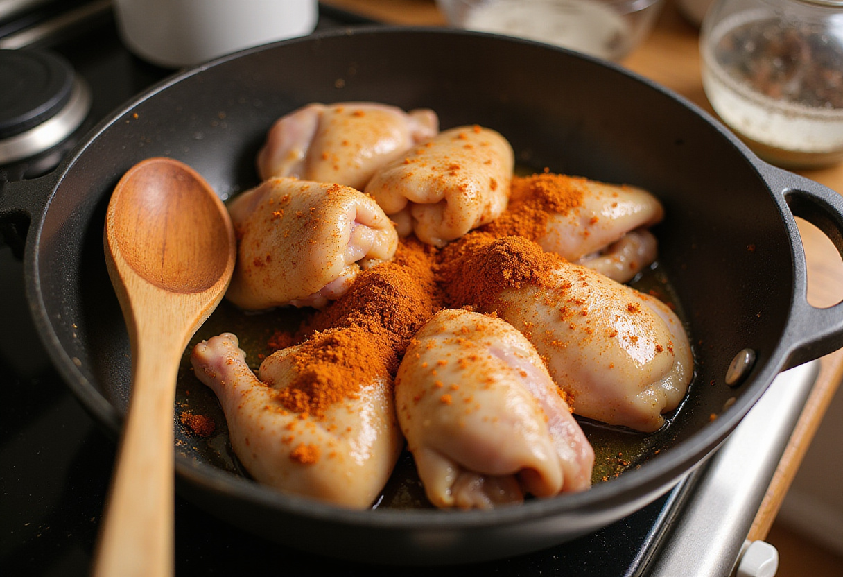 Chicken being seasoned for Arroz con Pollo recipe preparation.