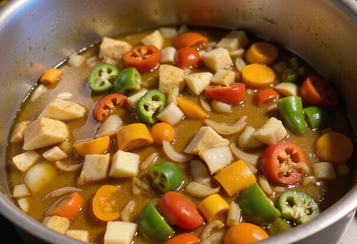 Sofrito base of onions, peppers and garlic simmering for authentic Arroz con Pollo.