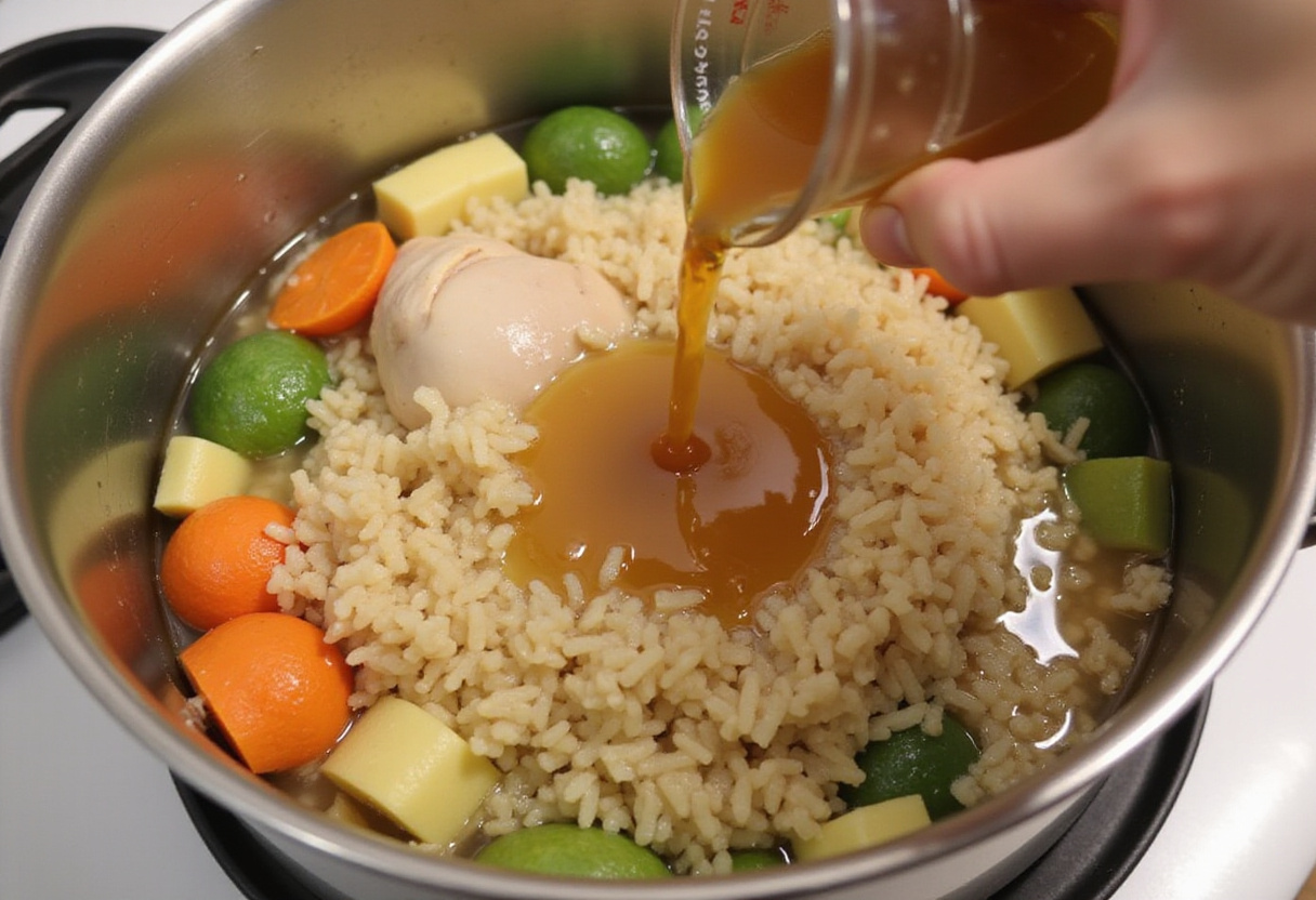 Chicken broth being poured into pot for traditional Arroz con Pollo.