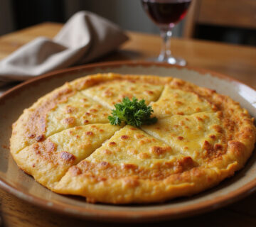 Tortilla de patatas recién hecha en un plato cerámico para receta de tortilla de patatas, acompañada de vino tinto.