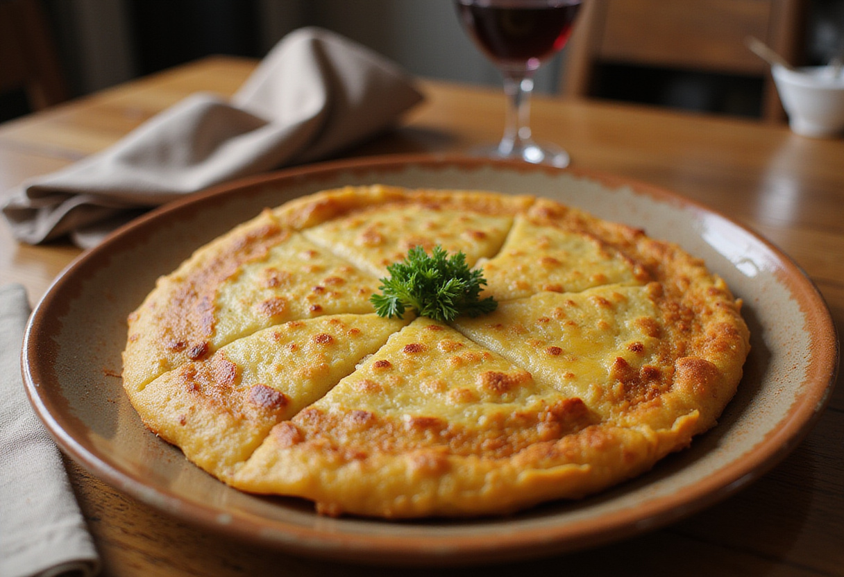 Tortilla de patatas recién hecha en un plato cerámico para receta de tortilla de patatas, acompañada de vino tinto.