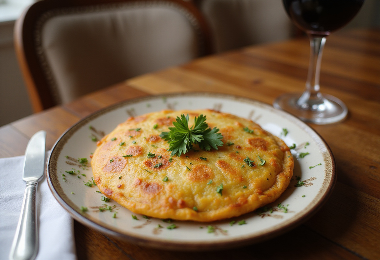 Tortilla de patatas recién hecha en un plato cerámico para receta de tortilla de patatas, acompañada de vino tinto.