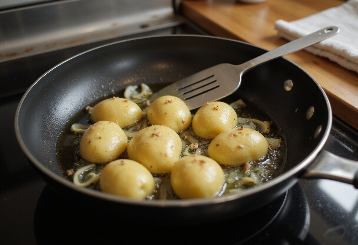 Patatas y cebollas friéndose en aceite de oliva para receta de tortilla de patatas.