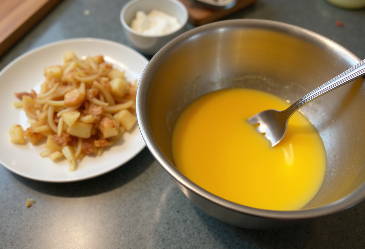 Huevos batidos junto a patatas y cebollas fritas para la mezcla de receta de tortilla de patatas.