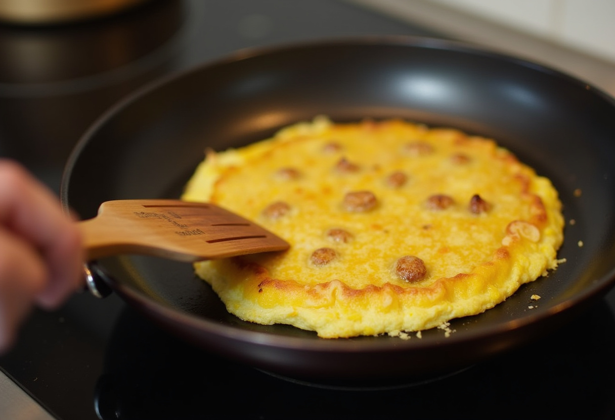 Tortilla de patatas cuajándose en la sartén para receta de tortilla de patatas.