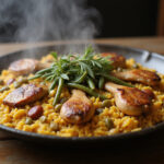 Paella valenciana tradicional con pollo, conejo y verduras lista para servir
