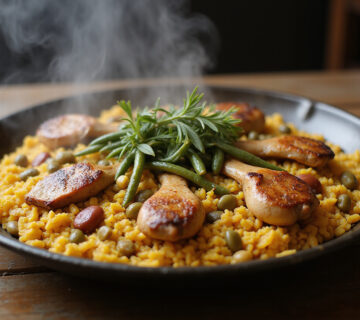 Paella valenciana tradicional con pollo, conejo y verduras lista para servir