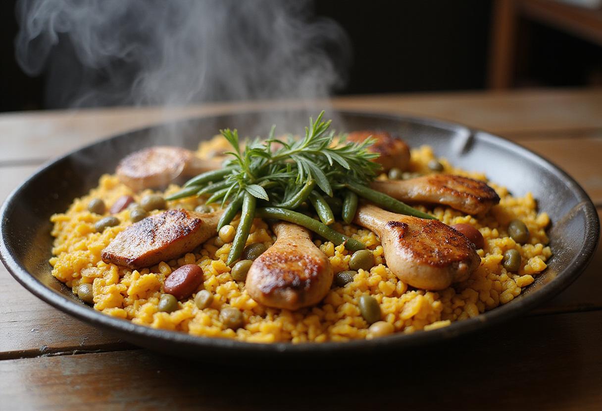 Paella valenciana tradicional con pollo, conejo y verduras lista para servir