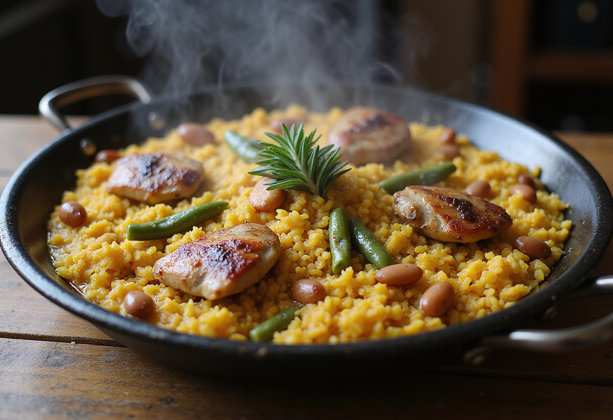 Paella valenciana tradicional con pollo, conejo y verduras lista para servir
