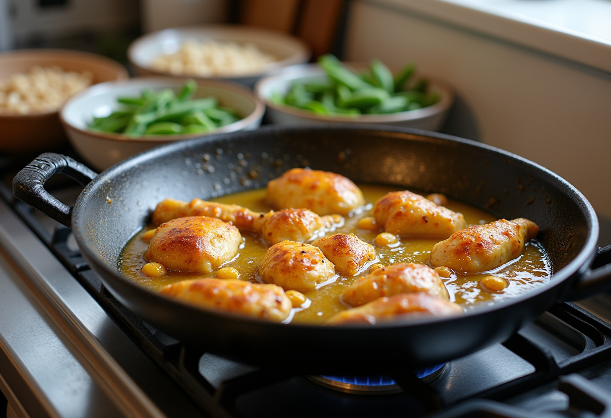 Ingredientes iniciales para paella valenciana con pollo y conejo listos para dorar
