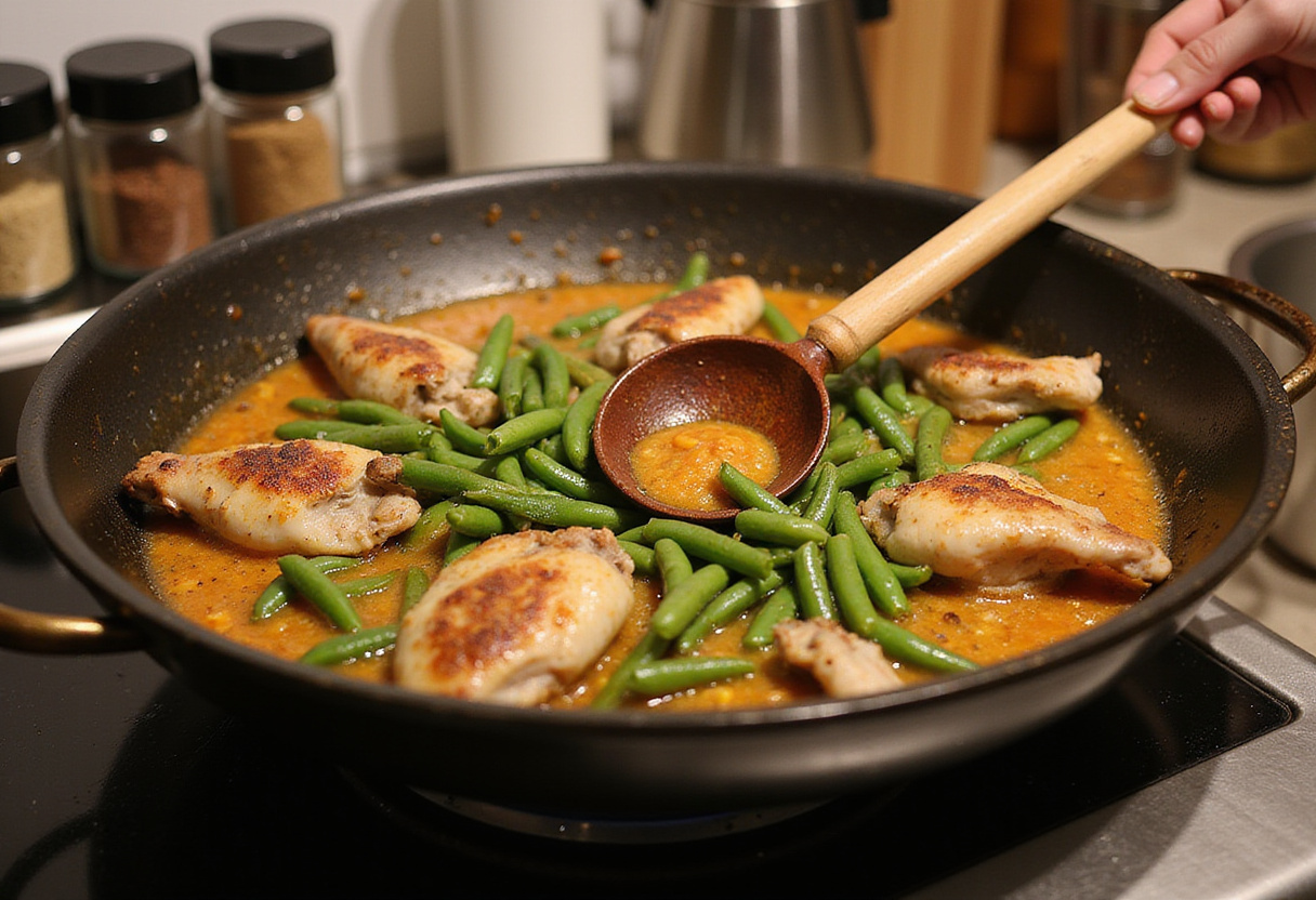 Sofrito de carnes y verduras para paella valenciana con judías verdes y garrofó