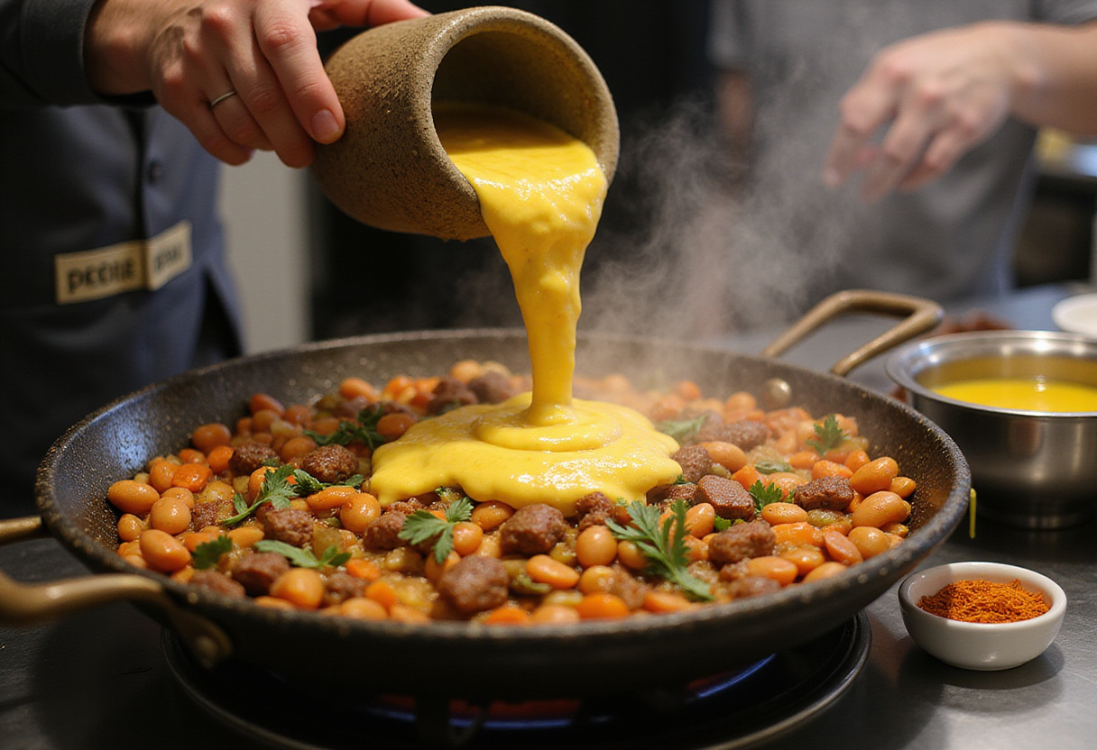 Añadiendo caldo y azafrán a la paella valenciana antes de cocinar el arroz