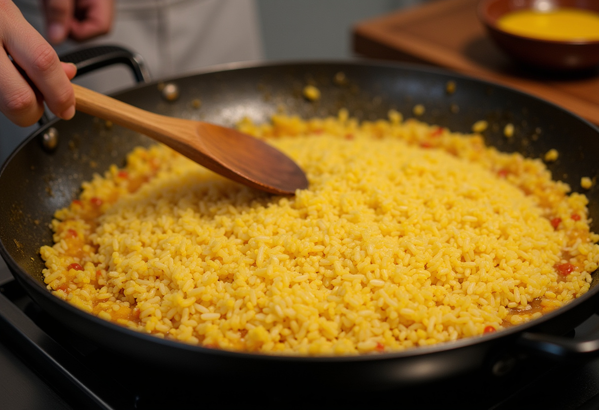 Integrando el arroz en la paella valenciana con caldo aromático y azafrán