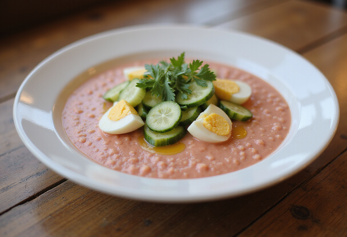 Salmorejo de remolacha servido con huevo duro y pepino en mesa rústica