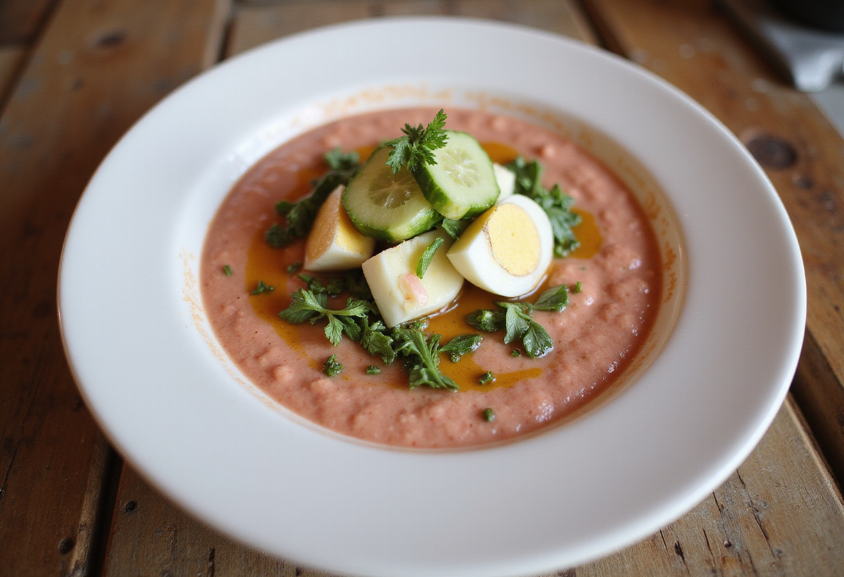 Salmorejo de remolacha servido con huevo duro y pepino en mesa rústica
