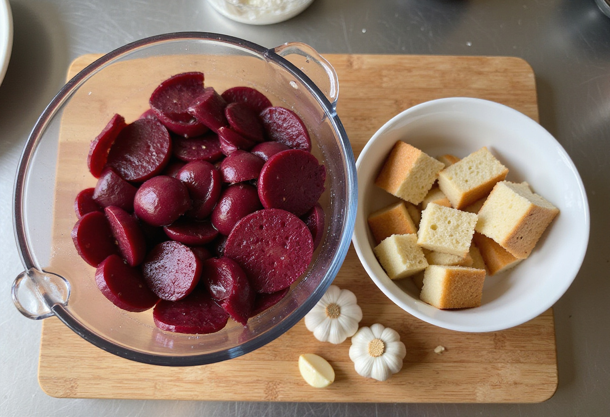 Ingredientes básicos para preparar salmorejo de remolacha en cocina moderna