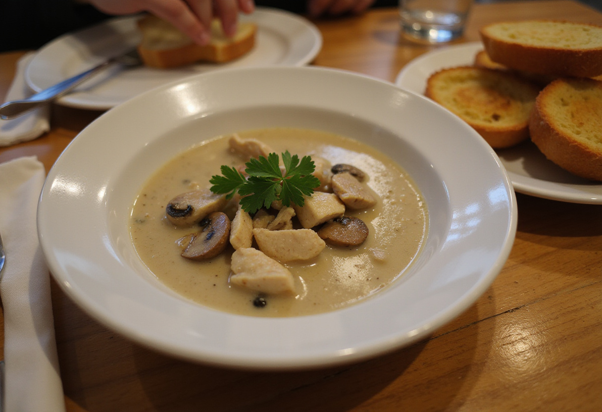 Tazón de crema de sopa de champiñones con pollo servida con pan tostado para sopa de champiñones con pollo