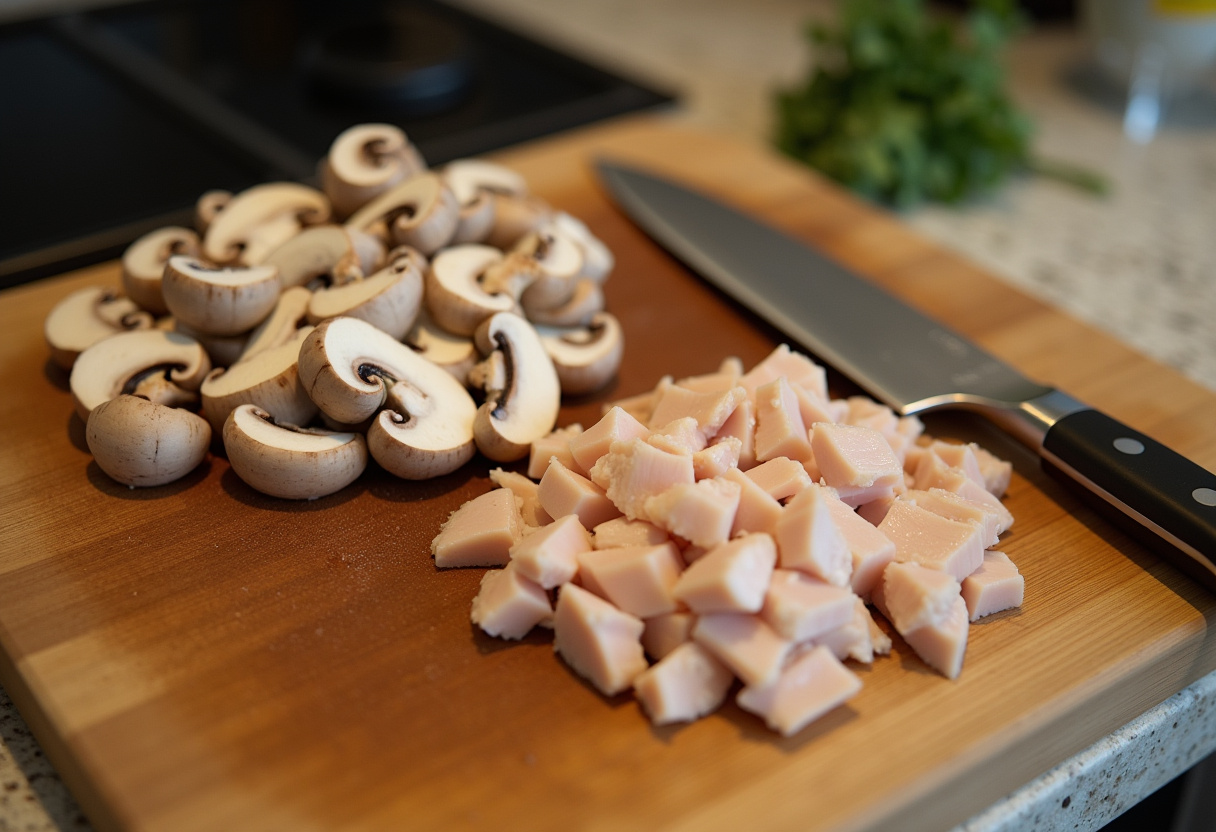 Tabla de cortar con champiñones y pollo picados para receta de sopa de champiñones con pollo