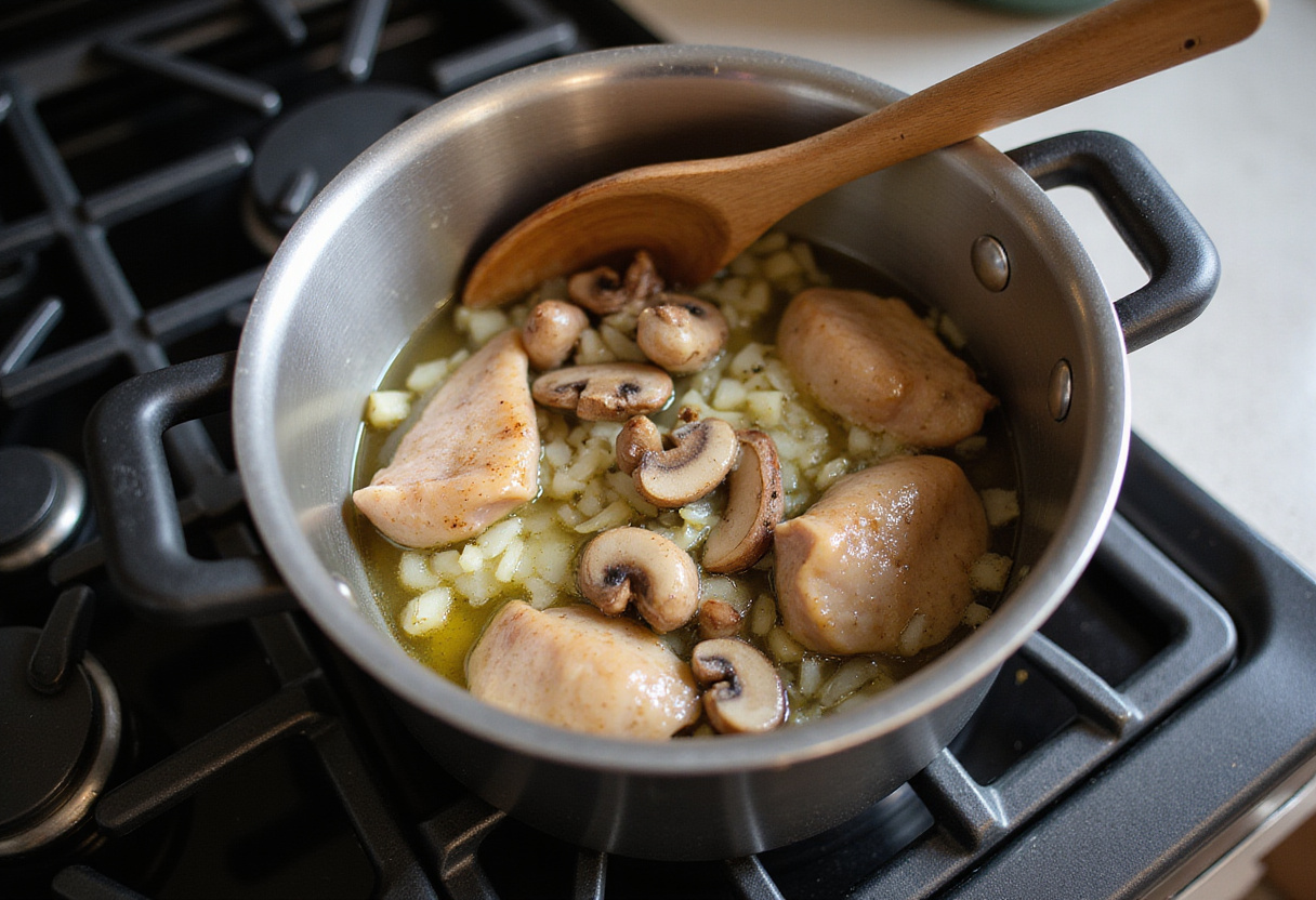 Cebolla y ajo salteados con champiñones y pollo para la receta de sopa de champiñones con pollo