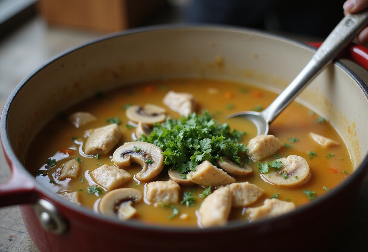 Sopa de champiñones con pollo hirviendo con perejil fresco para receta de sopa de champiñones con pollo
