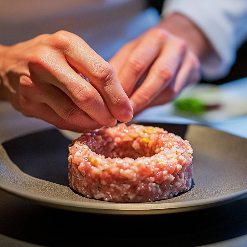 Plating fuet tartar using a ring mold to create a circular presentation.