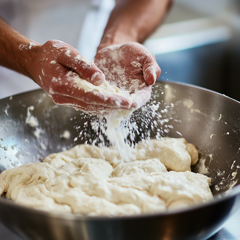 Hydrating the dough for a traditional Pan De Cristal recipe.