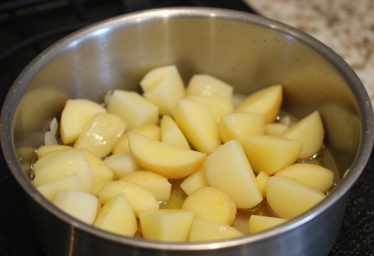 Papas y cebollas en rodajas listas para preparar tortilla de patatas al microondas.