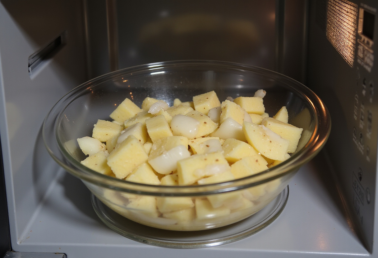 Cocinando la mezcla de patatas y cebolla en el microondas para una fácil tortilla de patatas.