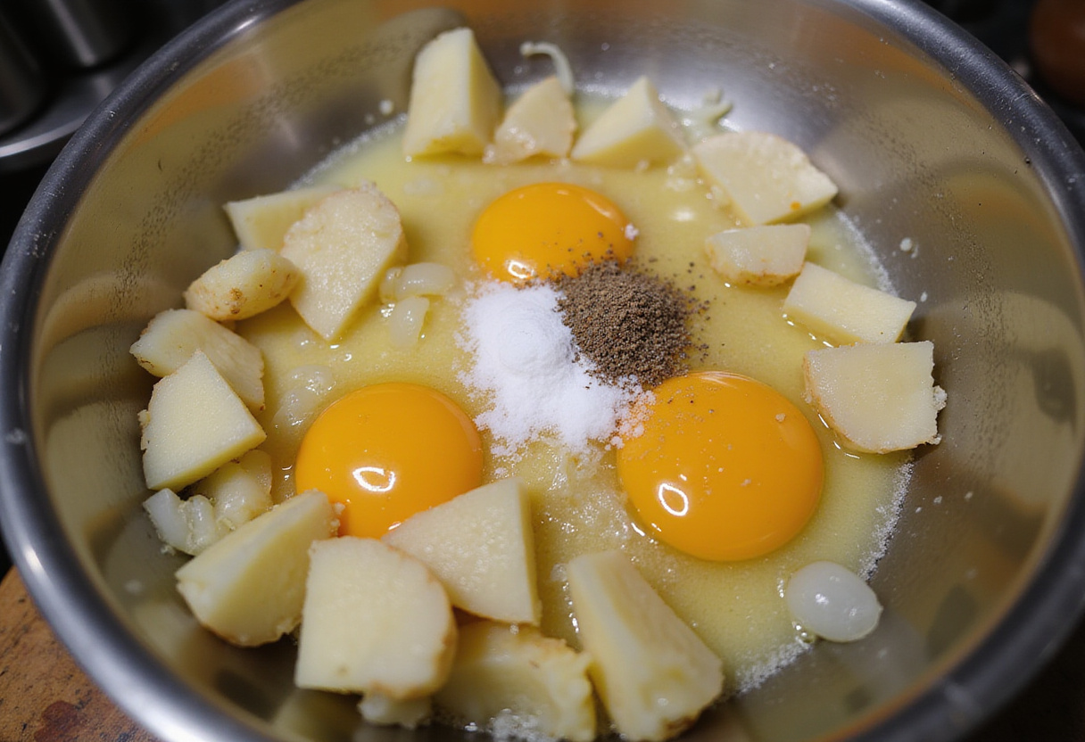 Huevos batidos listos para mezclarse con patatas cocidas para hacer tortilla de patatas.