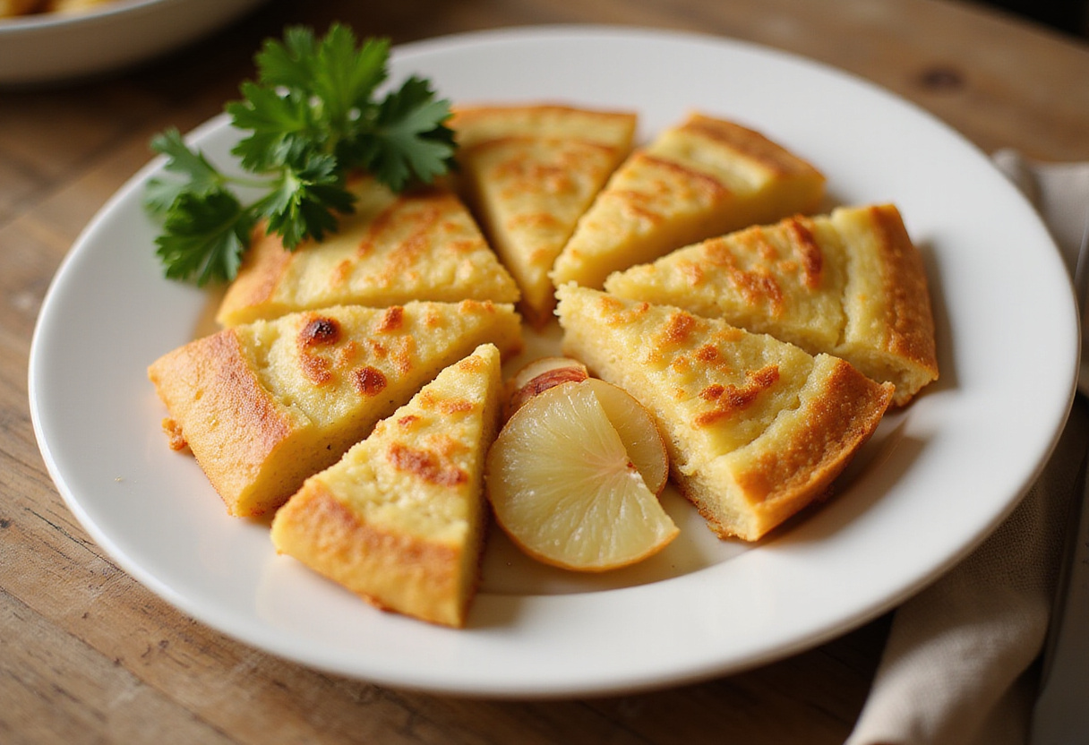 Tortilla de patatas en freidora de aire dorada y lista para servir