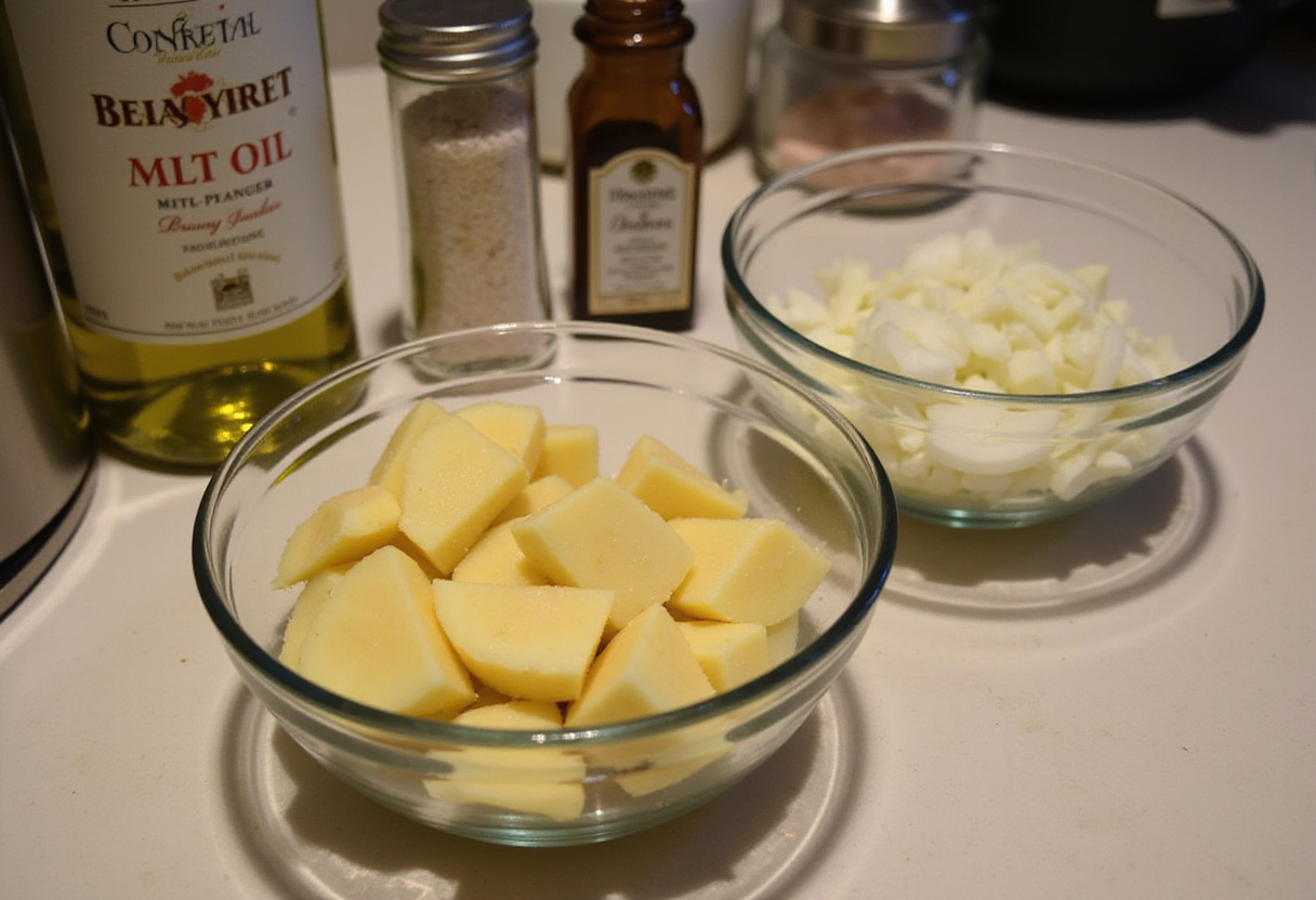 Patatas y cebolla cortadas para tortilla de patatas en freidora de aire en un cuenco de cristal